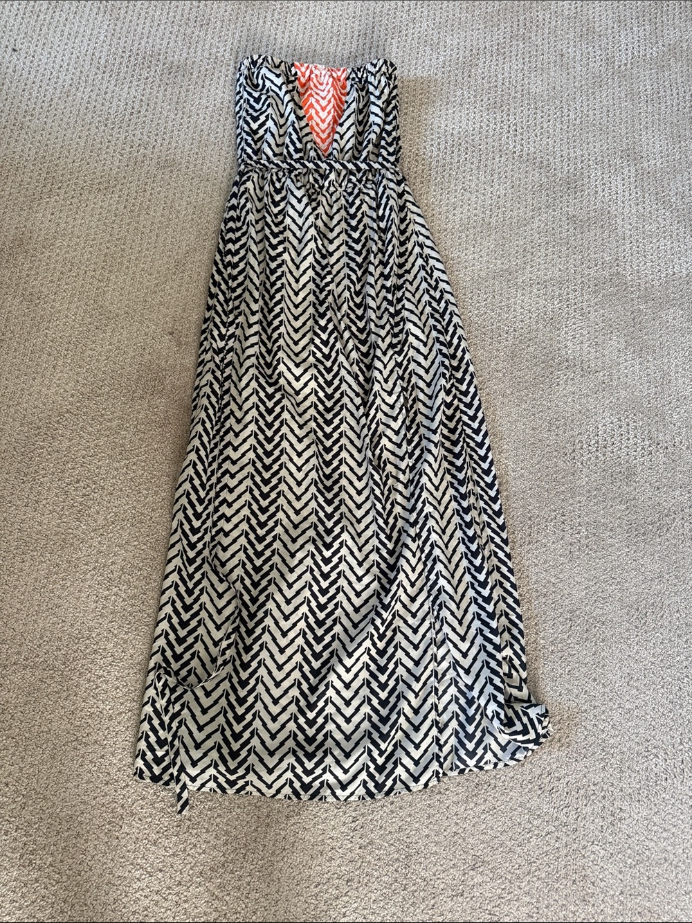 THML Strapless Chevron Maxi Dress in Black, White & Coral